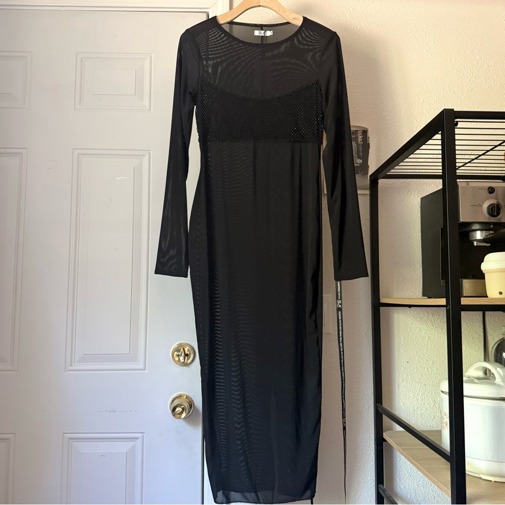 NWT SLA‎ THE LABEL black mesh sheer metallic glitter beaded midi dress